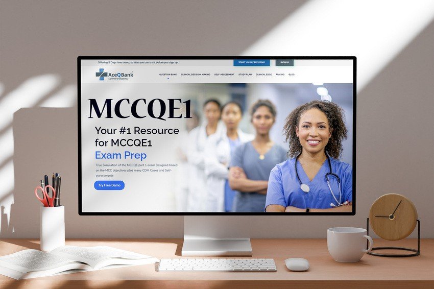A computer monitor displays an Ace QBank medical exam prep website featuring a smiling female doctor with a stethoscope and three healthcare professionals blurred in the background, perfect for MCCQE Part 1 prep.