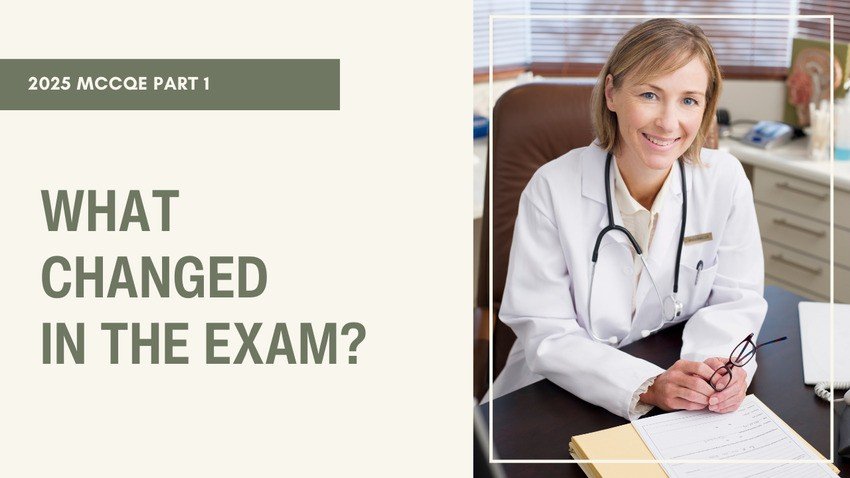 A female doctor sits at a desk with medical files. Text reads “2025 MCCQE Part 1” and “What changed in the exam?”—perfect for those seeking MCCQE Part 1 Prep with Ace QBank.