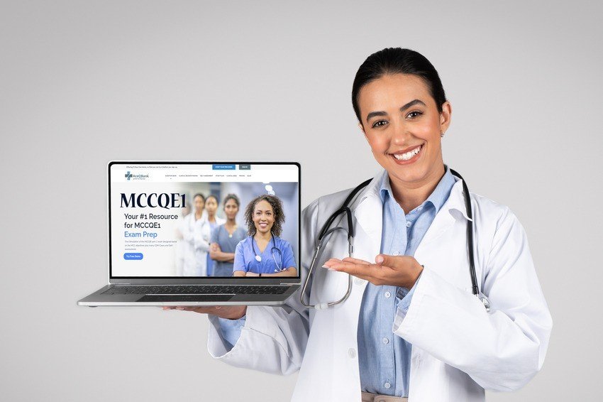 A doctor with a stethoscope beams as they hold a laptop showcasing Ace QBank's website, the ultimate resource for MCCQE1 exam preparation.