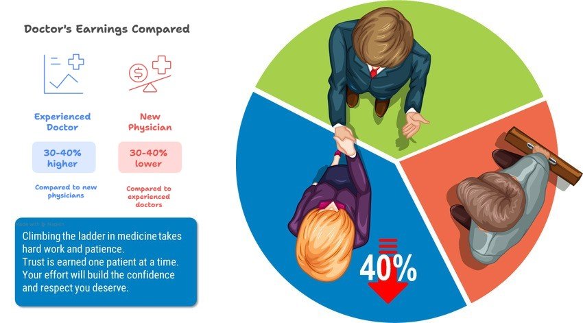 An overhead view of three businesspeople in segmented sections, with a red arrow and "40%" shown below a woman shaking hands with a man; motivational text about MCCQE1 exam prep appears on the left.