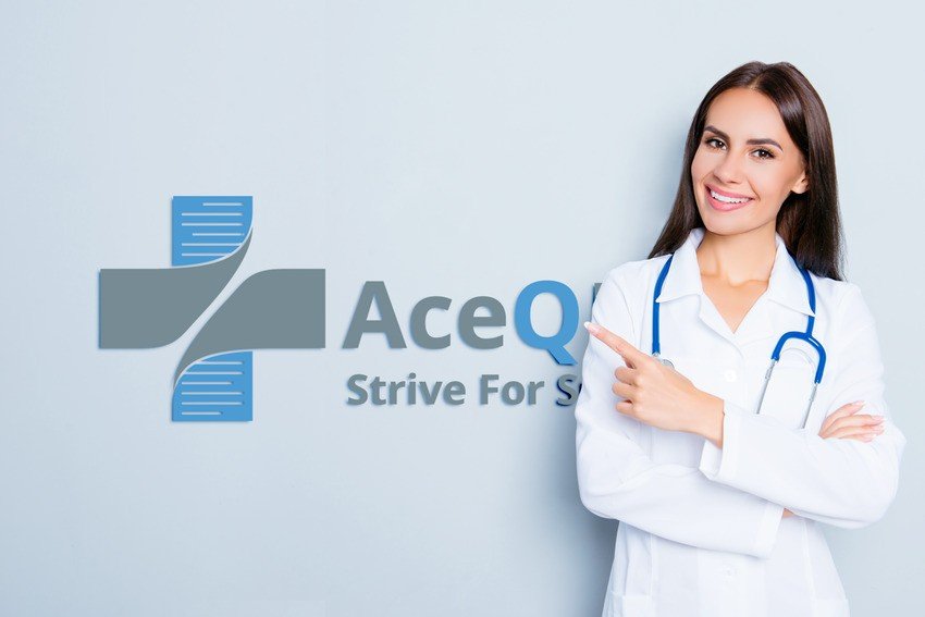 A woman in a white lab coat with a stethoscope smiles and points to a wall sign that reads "Ace QBank Strive For Success" highlighting Ace QBank's dedication to MCCQE1 Exam Prep.