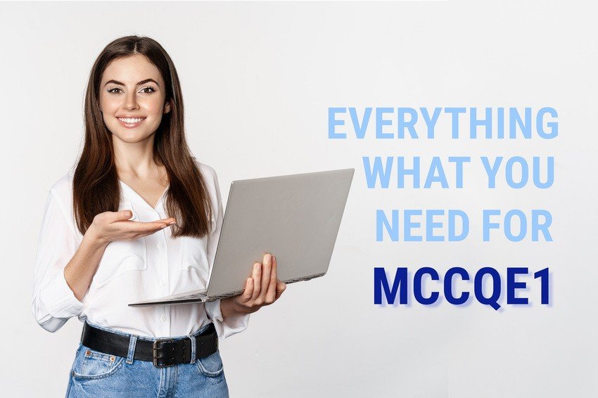 A woman holding a laptop and gesturing with her hand stands next to text that reads, "Everything what you need for MCCQE1 exam with Ace QBank.