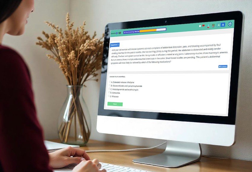 A woman, medical student using Ace QBank for her MCCQE1 Exam Prep.