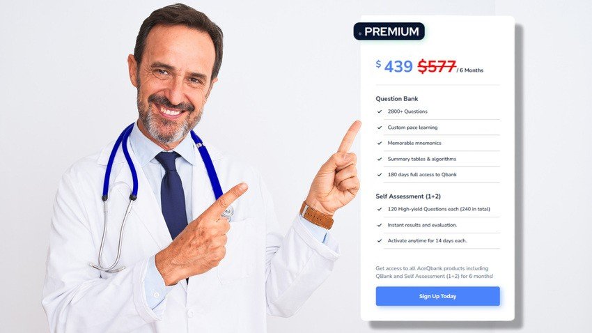 A smiling male doctor in a white coat with a stethoscope points to a premium Ace QBank subscription offer on a medical study platform, perfect for MCCQE1 exam prep, showcasing discounted pricing and exclusive features.