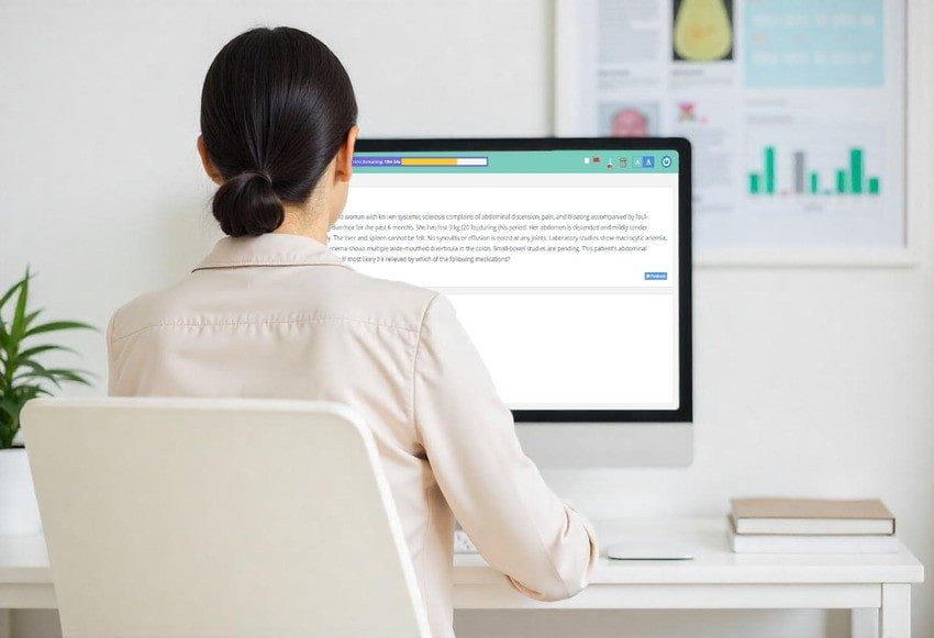 A woman with dark hair in a bun sits at a desk, working on Ace QBank's MCCQE1 Exam Prep platform in a bright office with charts and documents on the wall.