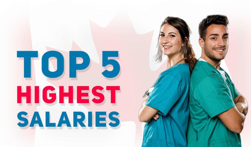 Two healthcare professionals in scrubs stand back-to-back, smiling, with text reading "Top 5 Highest Doctor Salary in Canada" on a background featuring a faint maple leaf.