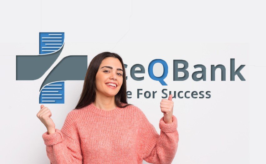 A woman in a pink sweater smiles and gives two thumbs up in front of a wall featuring the " Ace QBank" logo and the tagline "Care For Success," highlighting her confidence in MCCQE1 exam preparation with Ace QBank.