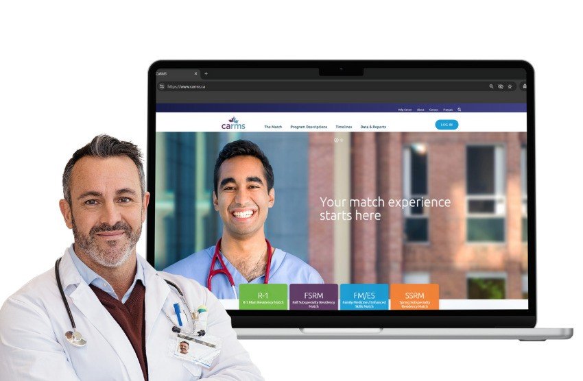 A male doctor stands in front of a laptop displaying a medical residency matching website, showcasing Ace QBank for MCCQE1 exam prep with a smiling man on the screen.