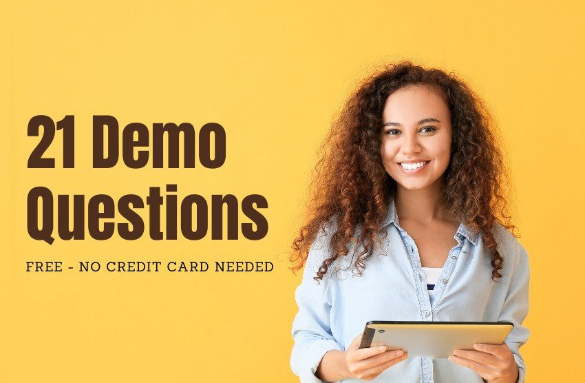 Smiling woman holding a tablet stands beside text reading "21 Demo Questions, Free - No Credit Card Needed" on a yellow background. Perfect for MCCQE1 exam prep with Ace QBank.