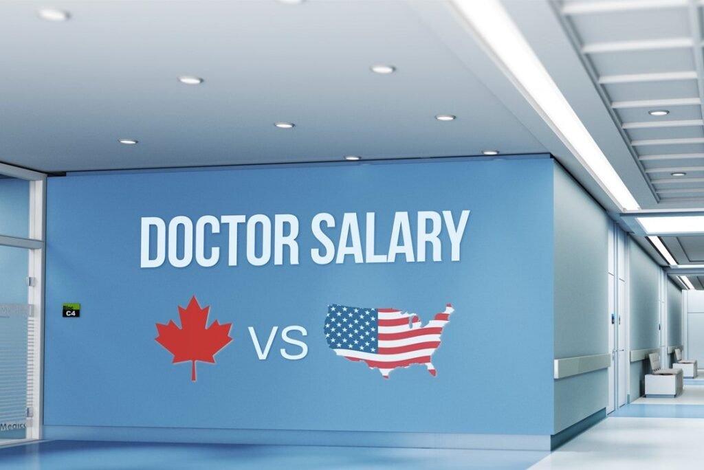A hospital hallway wall displays "Doctor Salary" with a red maple leaf versus a U.S. flag map, highlighting differences in Doctor Salaries in Canada and U.S.