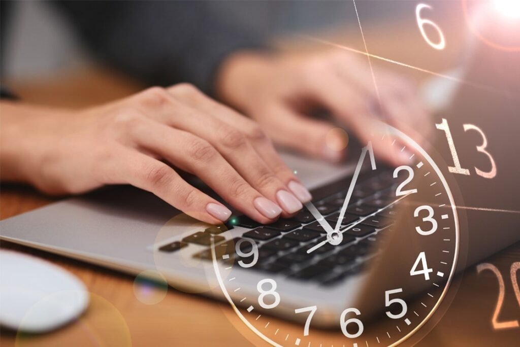 Hands typing on a laptop keyboard with a transparent overlay of a clock, symbolizing MCCQE1 exam preparation or working against the deadline to review MCCQE1 Exam Dates using Ace QBank.