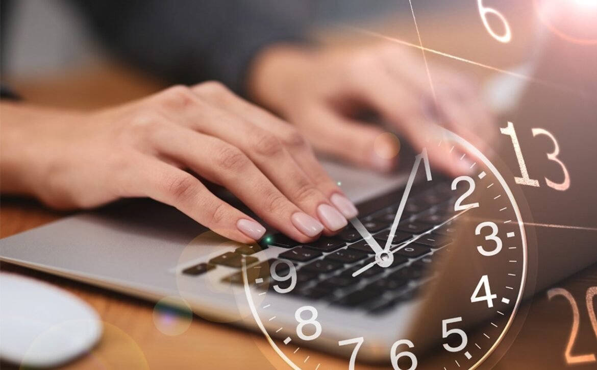 Hands typing on a laptop keyboard with a transparent overlay of a clock, symbolizing MCCQE1 exam preparation or working against the deadline to review MCCQE1 Exam Dates using Ace QBank.