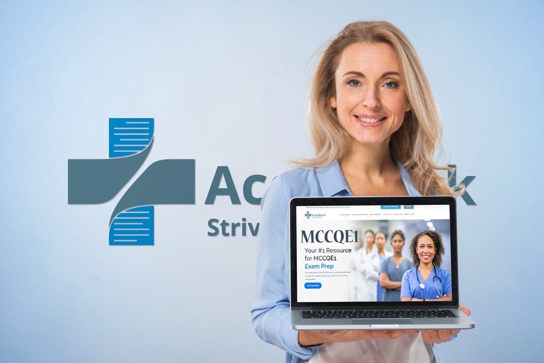A woman stands in front of a wall with a logo, holding a laptop displaying Ace QBank. A trusted Canadian question bank for MCCQE1 medical exam prep.