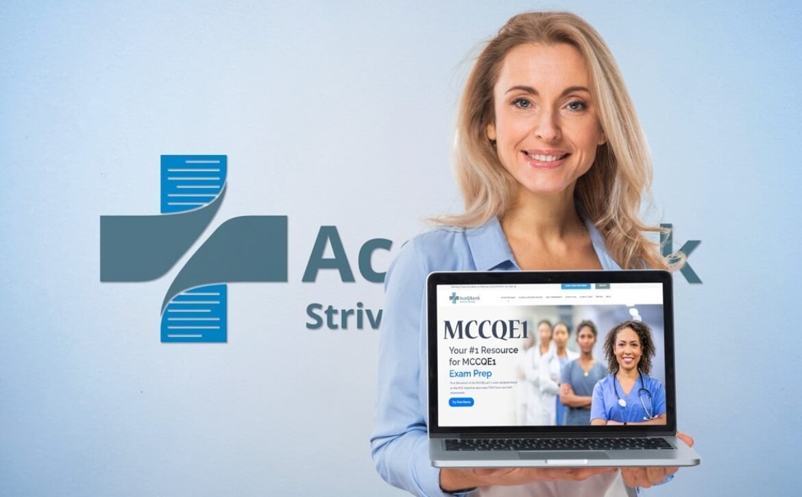 A woman stands in front of a wall with a logo, holding a laptop displaying Ace QBank. A trusted Canadian question bank for MCCQE1 medical exam prep.
