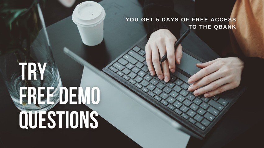 A person types on a tablet keyboard with a stylus beside a coffee cup. Text reads: "Try free MCCQE1 demo questions. You get 5 days of free access to the Ace QBank.