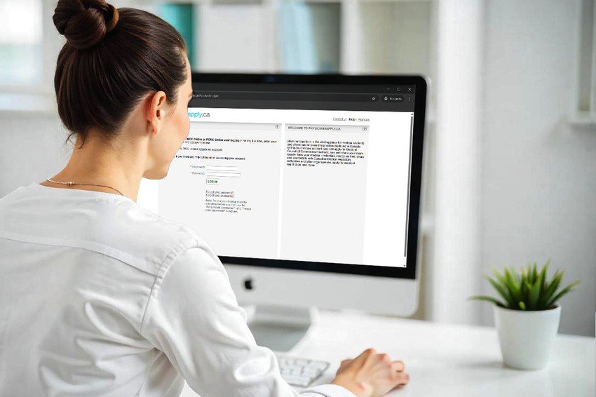 A woman sits at a desk using a desktop computer, viewing MCCQE1 exam preparation resources on the Ace QBank website. A small plant and office supplies are visible on the desk.