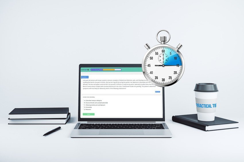A laptop displaying an online MCCQE1 Exam Prep quiz sits on a desk with books, a coffee cup labelled "PRACTICAL TIPS," and a stopwatch showing 10 seconds. Perfect for mastering Ace QBank practice questions.