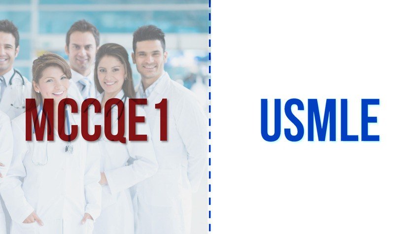 A group of doctors in white coats labeled "MCCQE 1" on the left, highlighting MCCQE1 exam prep with Ace QBank, a top Canadian question bank, and the text "USMLE" on a plain white background on the right.