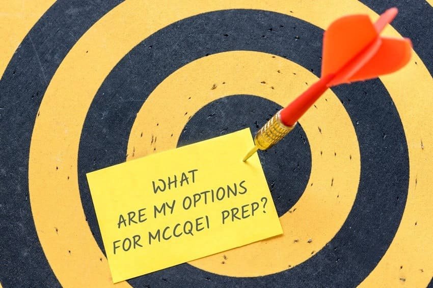 A red dart hits the center of a yellow and black target, pinning a note that reads, "What are my options for MCCQE1 exam prep?" consider using Ace QBank, a leading Canadian question bank for MCCQE1.