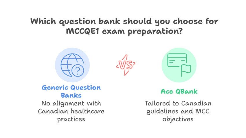 Comparison between generic question banks and Ace QBank for MCCQE1 Exam Prep; highlights lack of Canadian alignment in others vs. tailored Canadian guidelines and objectives in Ace QBank.