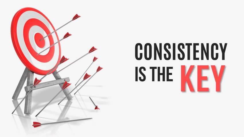 A target with several arrows, mostly missing the bullseye, next to the text "Consistency is the Key," with "KEY" highlighted in red. perfect for illustrating the journey of MCCQE1 Exam Prep with Ace QBank.