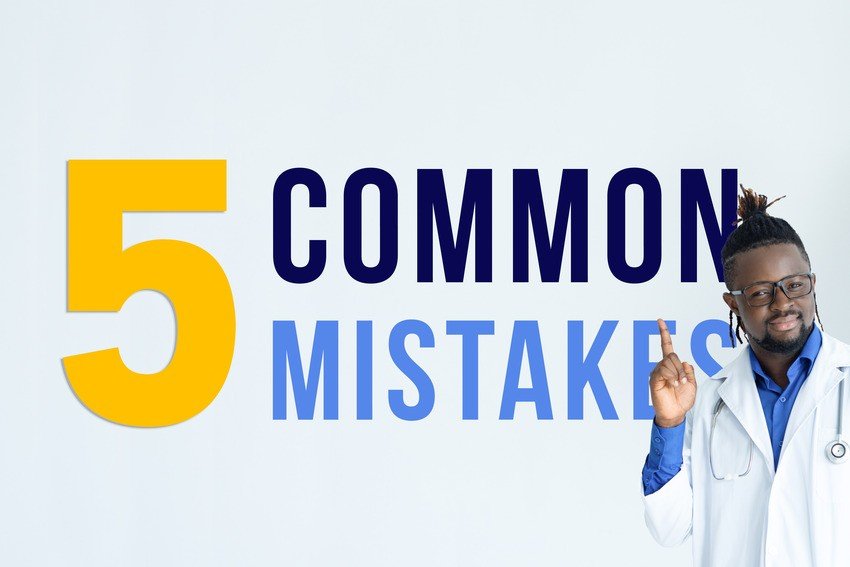 A doctor stands next to large text that reads "5 Common Mistakes" on a light background, highlighting key pitfalls to avoid during MCCQE1 exam preparation with Ace QBank.