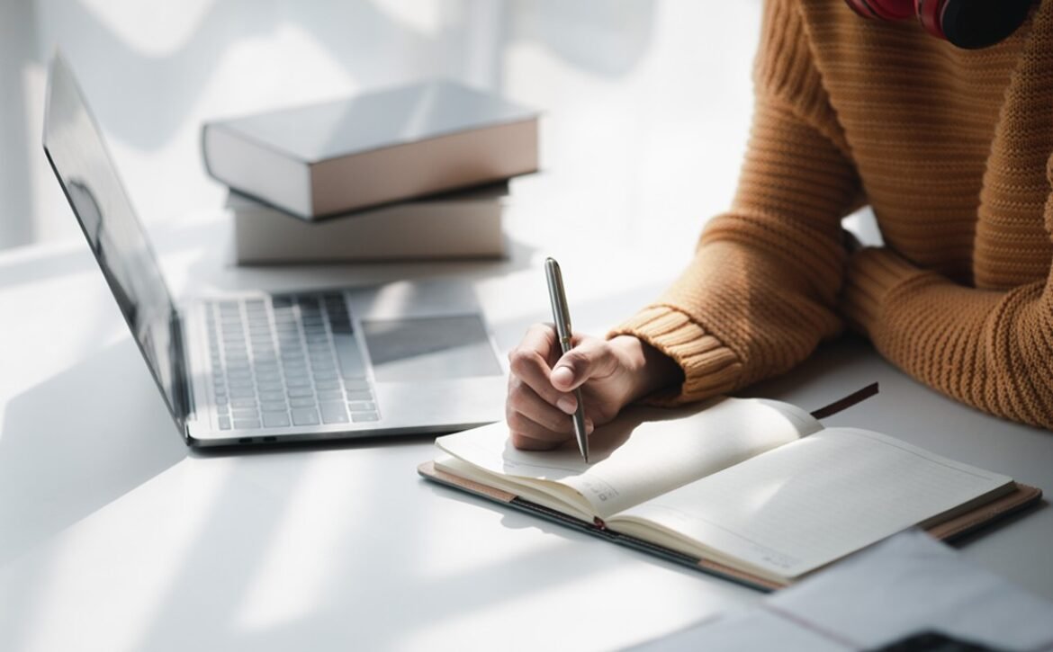 Person in a brown sweater writes in a notebook at a desk with an open laptop and stacked books nearby, focusing on MCCQE1 Exam Prep using the Ace QBank.