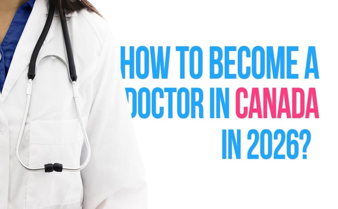 A person in a white lab coat with a stethoscope stands next to text that reads: "Becoming doctor in Canada: How to become a doctor in Canada in 2026?