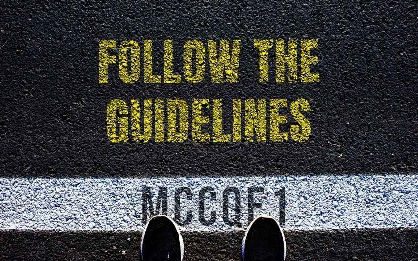 Yellow text on asphalt reads "FOLLOW THE GUIDELINES" above a white line, with part of the word "MCCQE1" visible and two black shoes at the bottom. An apt reminder for focused MCCQE1 exam preparation with Ace QBank that contains Canadian guidelines.