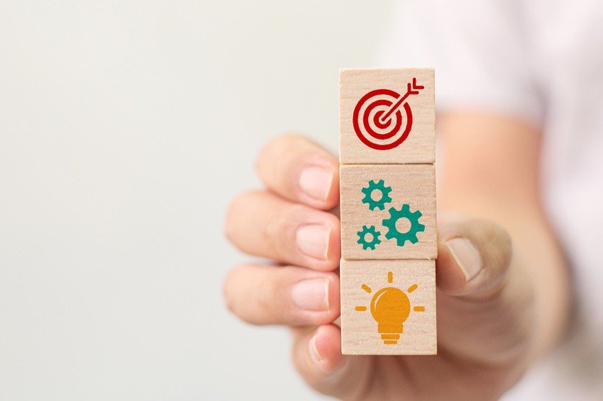 A hand holds three wooden blocks stacked vertically, featuring icons of a light bulb, gears, and a target with an arrow. Symbolizing the steps to the MCCQE1 Exam Prep with Ace QBank.