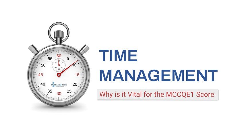A stopwatch next to the text "TIME MANAGEMENT" and "Why is it Vital for the MCCQE1 Score" highlights how effective MCCQE1 exam prep with Ace QBank can boost your performance.