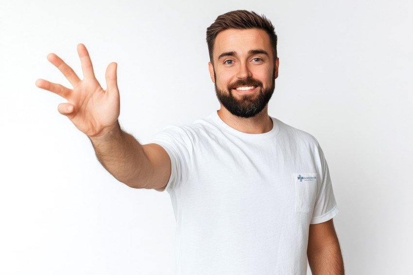A man with a beard and white t-shirt smiles and raises his hand forward against a plain white background, embodying the confidence that comes with MCCQE1 exam prep using Ace QBank.