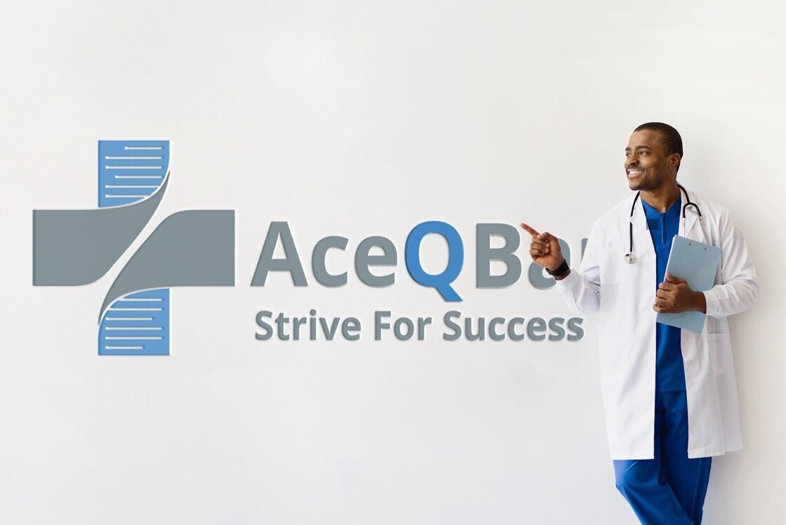 A doctor in a white coat holding a clipboard stands next to a wall with the Ace QBank logo and the slogan "Strive For Success," ready to share tips on How to Use Ace QBank Effectively for MCCQE1 preparation.