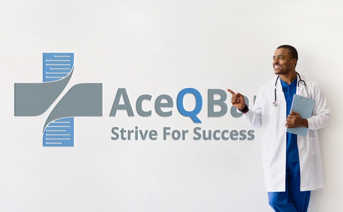 A doctor in a white coat holding a clipboard stands next to a wall with the Ace QBank logo and the slogan "Strive For Success," ready to share tips on How to Use Ace QBank Effectively for MCCQE1 preparation.