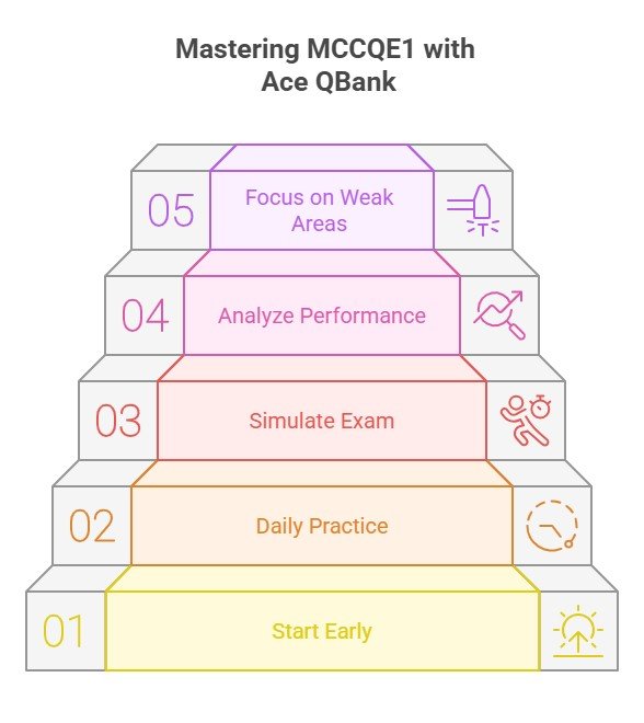 A five-step staircase diagram for MCCQE1 exam preparation with Ace QBank: Start Early, Daily Practice, Simulate Exam, Analyze Performance, and Focus on Weak Areas. Showing How to Use Ace QBank Effectively for MCCQE1.